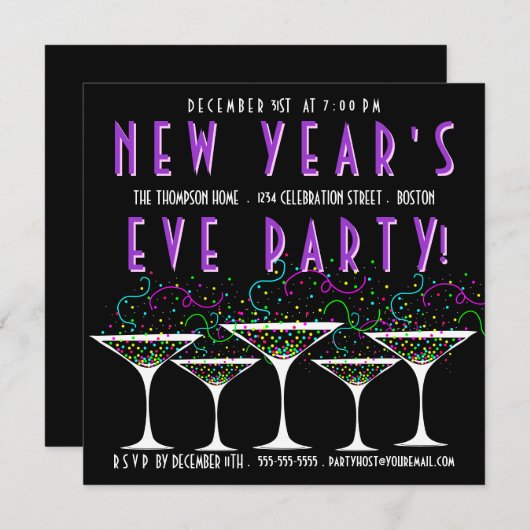 Invitation du Jour de l'An Confetti (Devant / Derrière)