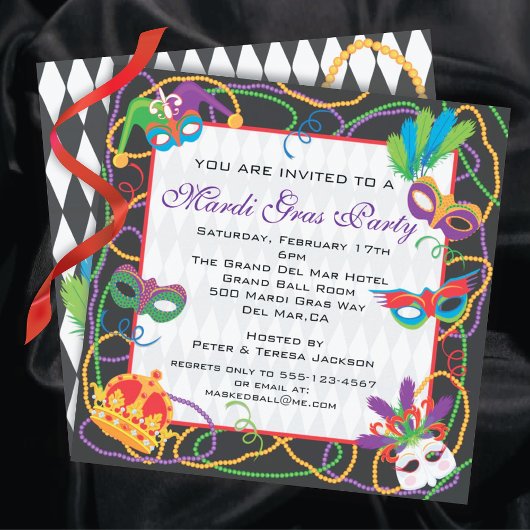 Invitation du Mardi Gras Party avec masques et per