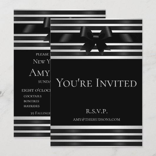 Invitation du Nouvel An à rayures blanches et nœud (Devant / Derrière)