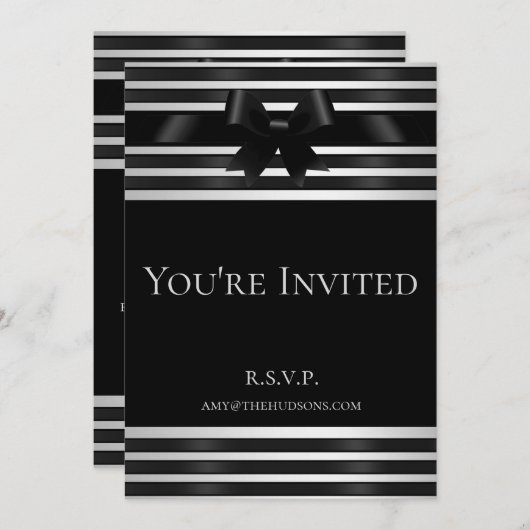 Invitation du Nouvel An avec ruban noir et rayures (Devant / Derrière)