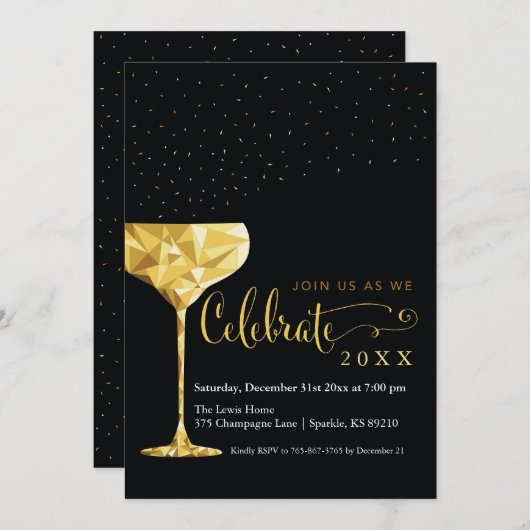 Invitation du Nouvel An Champagne (Devant / Derrière)