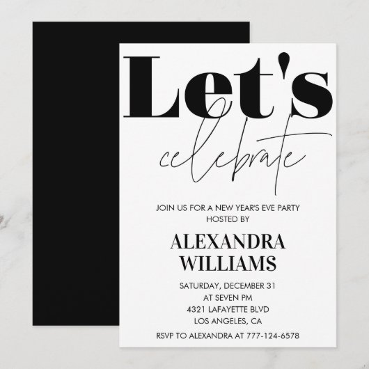 Invitation du Nouvel An noir Fêtons (Devant / Derrière)