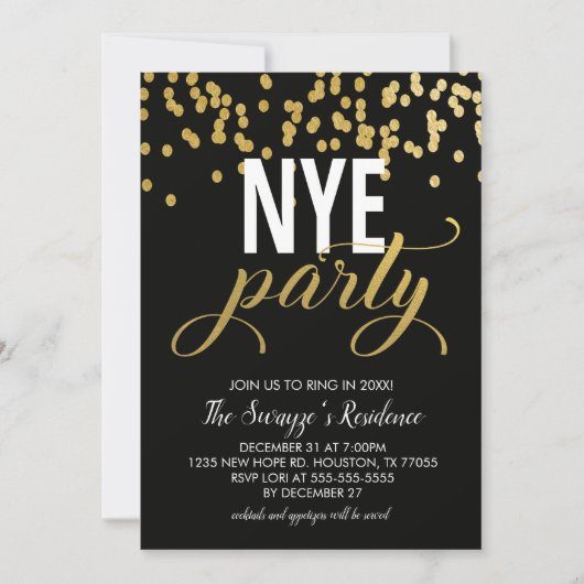 Invitation du NYE Party | Confetti noir et or (Devant)