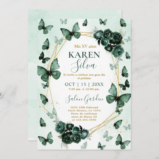 Invitation du papillon Emerald Quinceanera (Devant / Derrière)
