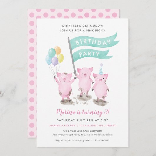 Invitation du parti Anniversaire de enfant rose (Devant / Derrière)