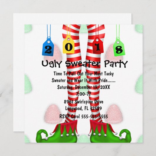 Invitation du Parti Cute 2018 Elf Stocking Ugly Sw (Devant / Derrière)