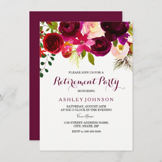 Invitation du parti de retraite Boho Floral Rouge  (Devant / Derrière)