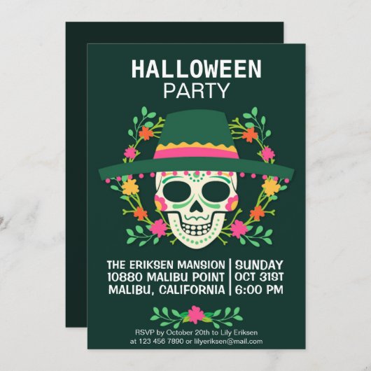 Invitation du parti d'Halloween Dia de los Muertos (Devant / Derrière)