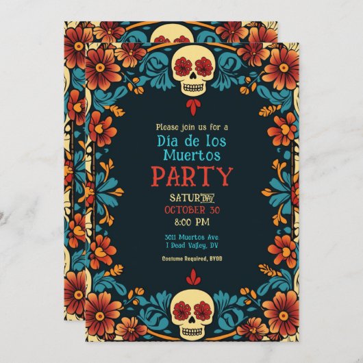 Invitation du parti 💀 Floral Día de Muertos (Devant / Derrière)