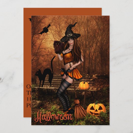 Invitation du parti Halloween avec sorcière (Devant / Derrière)