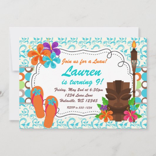 Invitation du parti Luau, Turquoise Damask et Tiki (Devant)