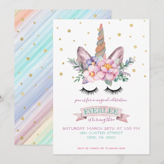 Invitation du Parti Unicorn | Gâteau de licorne (Devant / Derrière)