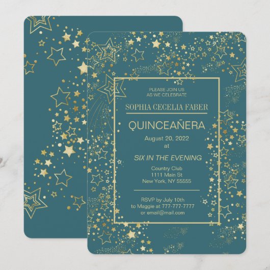 Invitation du Peacock Blue et Gold Quinceañera Par (Devant / Derrière)