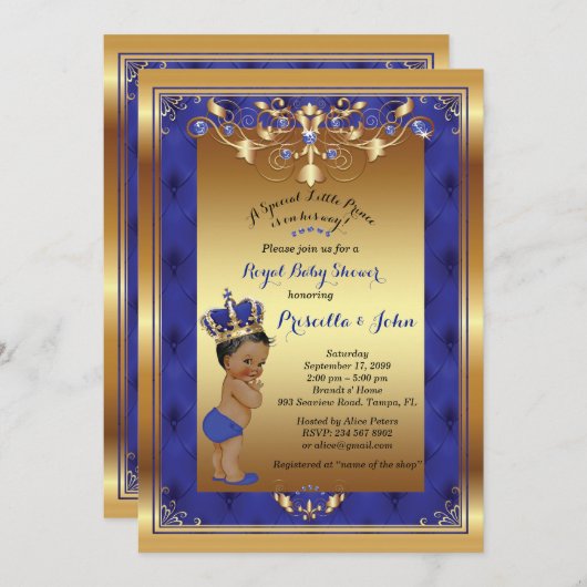 Invitation du petit Baby shower Prince, Royal Blue (Devant / Derrière)