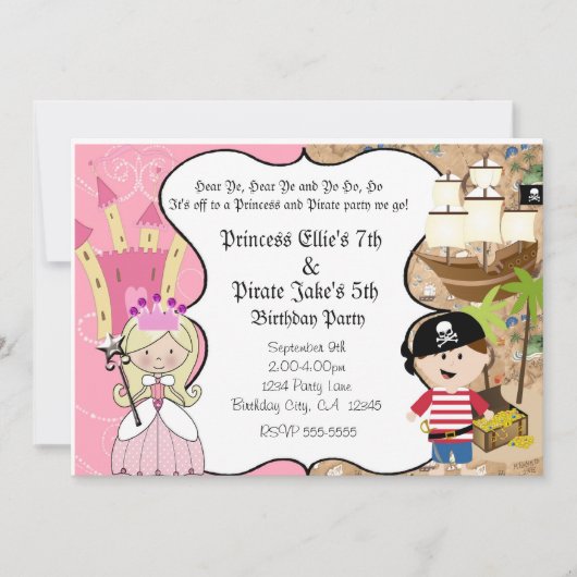Invitation du Pirate et de la Princesse Birthay Pa (Devant)