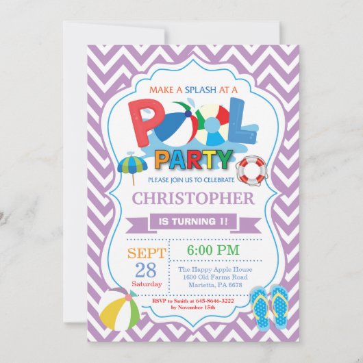 Invitation du Pool Party Purple Splish Splash Boy (Devant)