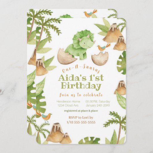 Invitation du premier anniversaire du dinosaure d' (Devant / Derrière)