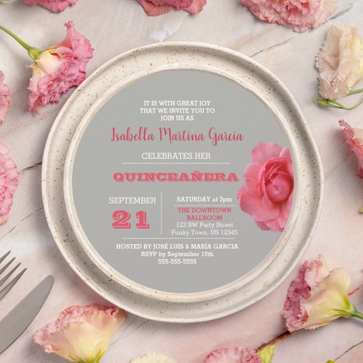 Invitation du Rose de ronde Grey Quinceañera
