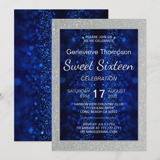 Invitation du Sweet sixteen bleu brillant (Devant / Derrière)