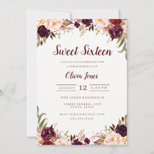 Invitation du Sweet sixteen floral de Bourgogne (Devant)