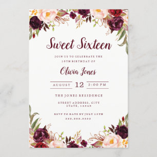 Invitation du Sweet sixteen floral de Bourgogne