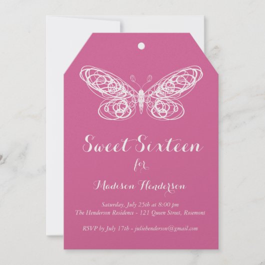 Invitation du Sweet sixteen papillon Fuchsia (Devant)