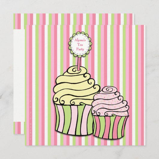 Invitation du Tea Party Cupcake rayé (Devant / Derrière)