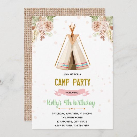 Invitation du thème du camping Boho (Devant / Derrière)