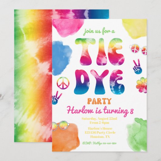 Invitation du Tie Dye Party | Anniversaire de Tie (Devant / Derrière)