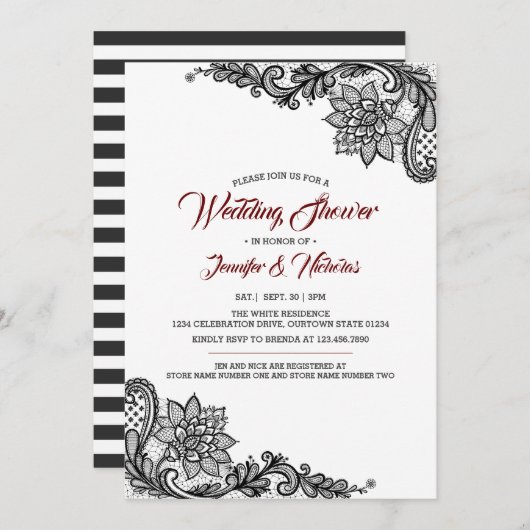 Invitation du Wedding shower de dentelle noire (Devant / Derrière)