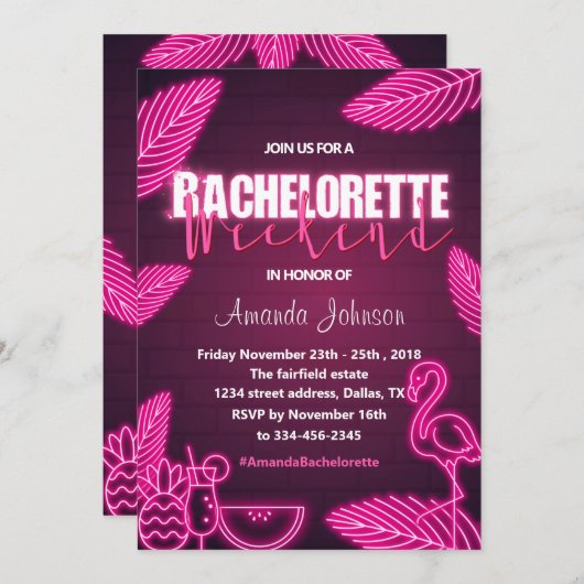 Invitation du week-end de Bachelorette Pink Tropic (Devant / Derrière)