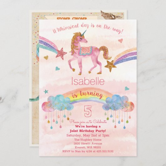 INVITATION DUAL - Unicorn et Dinosaur Invitation d (Devant / Derrière)