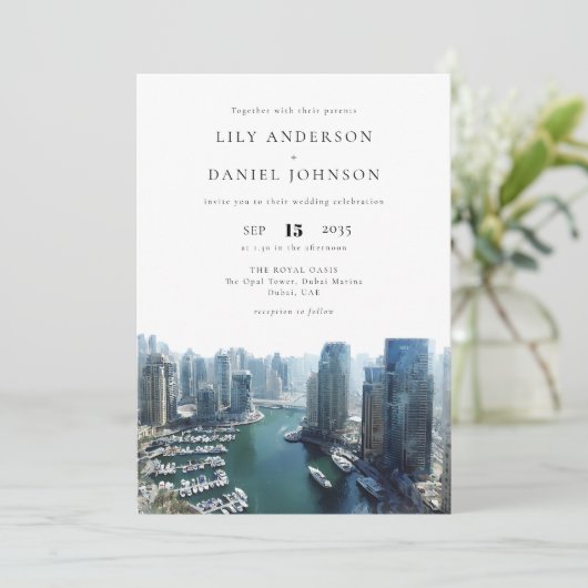 Invitation Dubai Skyline Watercolor QR Code Wedding (Debout devant)