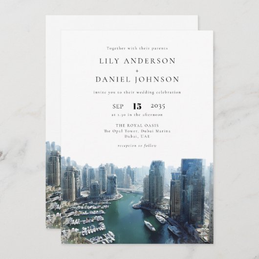 Invitation Dubai Skyline Watercolor QR Code Wedding (Devant / Derrière)