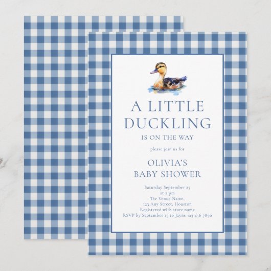 Invitation Duck Blue Gingham Baby Shower (Devant / Derrière)