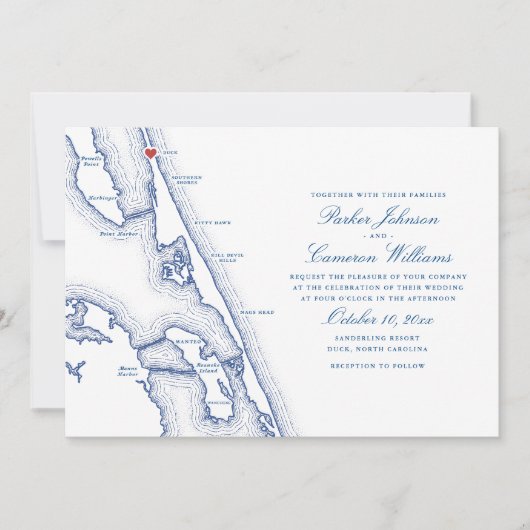 Invitation Duck NC Map Élégant Mariage bleu marine (Devant)