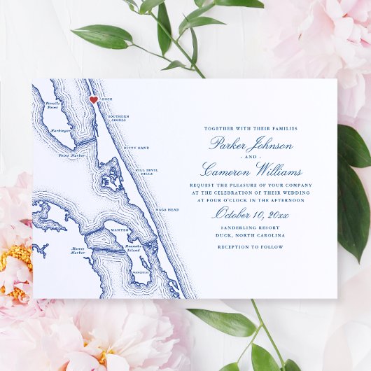 Invitation Duck NC Map Élégant Mariage bleu marine