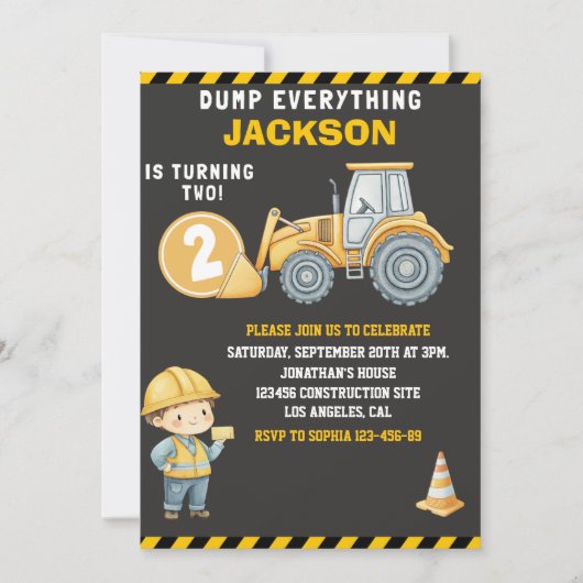 Invitation DUMP EVERYTHING – Construction Truck 2nd Birthday  (Devant)