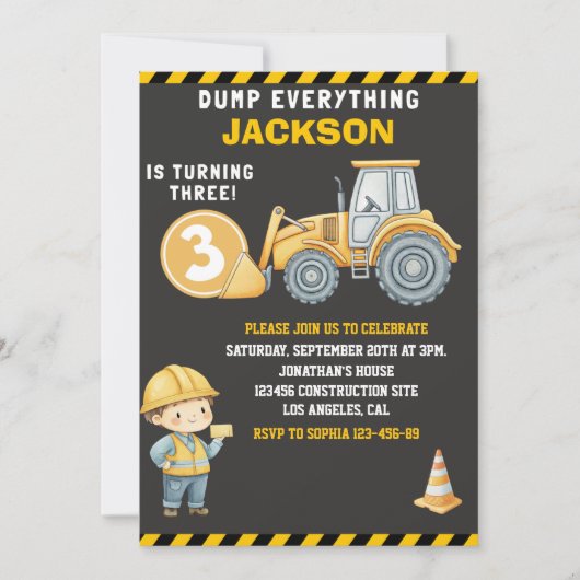 Invitation DUMP EVERYTHING – Construction Truck 3rd Birthday  (Devant)