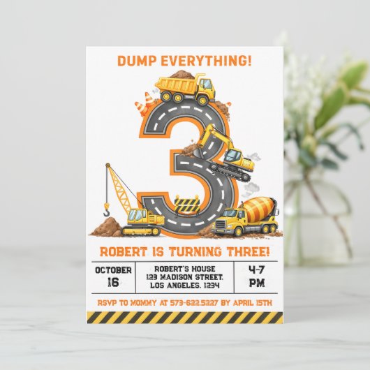 Invitation Dump Everything Construction Truck 3rd Birthday (Debout devant)