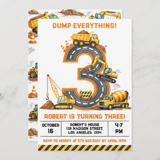 Invitation Dump Everything Construction Truck 3rd Birthday (Devant / Derrière)
