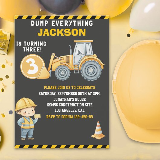 Invitation DUMP EVERYTHING – Construction Truck 3rd Birthday