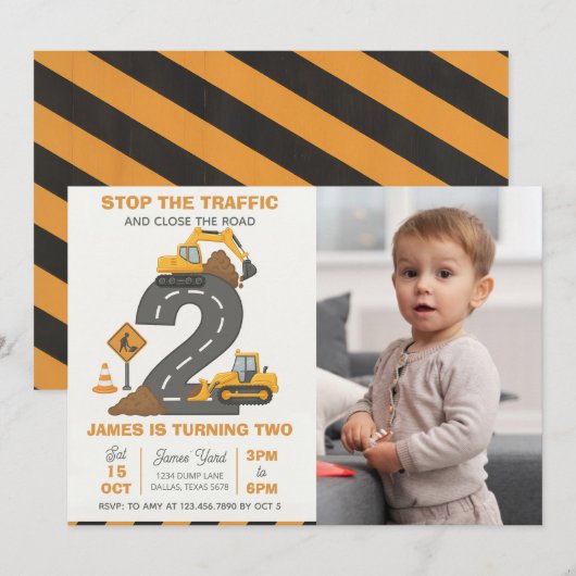Invitation Dump Truck Construction 2nd Birthday Photo (Devant / Derrière)