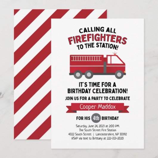 Invitation d'un camion-pompier pour un anniversair (Devant / Derrière)