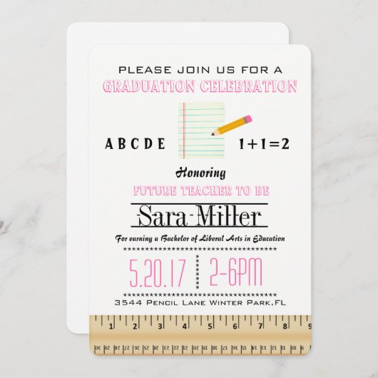 Invitation d'un enseignant de règle et crayon (Devant / Derrière)