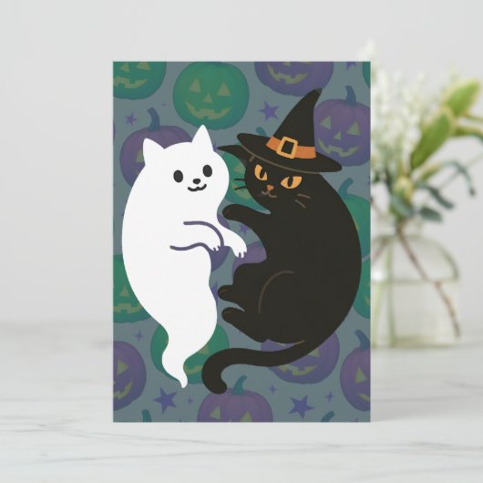 Invitation Duo de chat fantôme et sorcière (Debout devant)