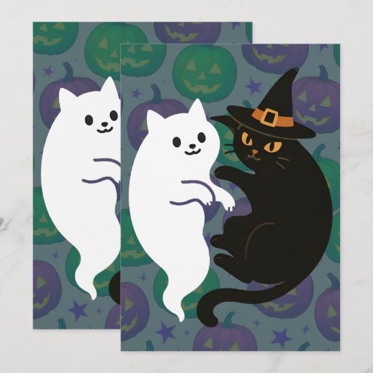 Invitation Duo de chat fantôme et sorcière (Devant / Derrière)
