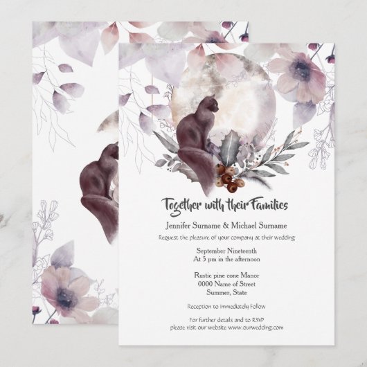 Invitation Dusky bleu rose floral noir chat lune aquarelle (Devant / Derrière)