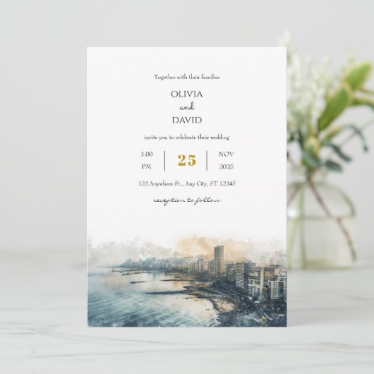 Invitation Dusky Blue Coastal Skyline City View Beach Wedding (Debout devant)