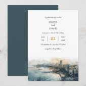 Invitation Dusky Blue Coastal Skyline City View Beach Wedding (Devant / Derrière)